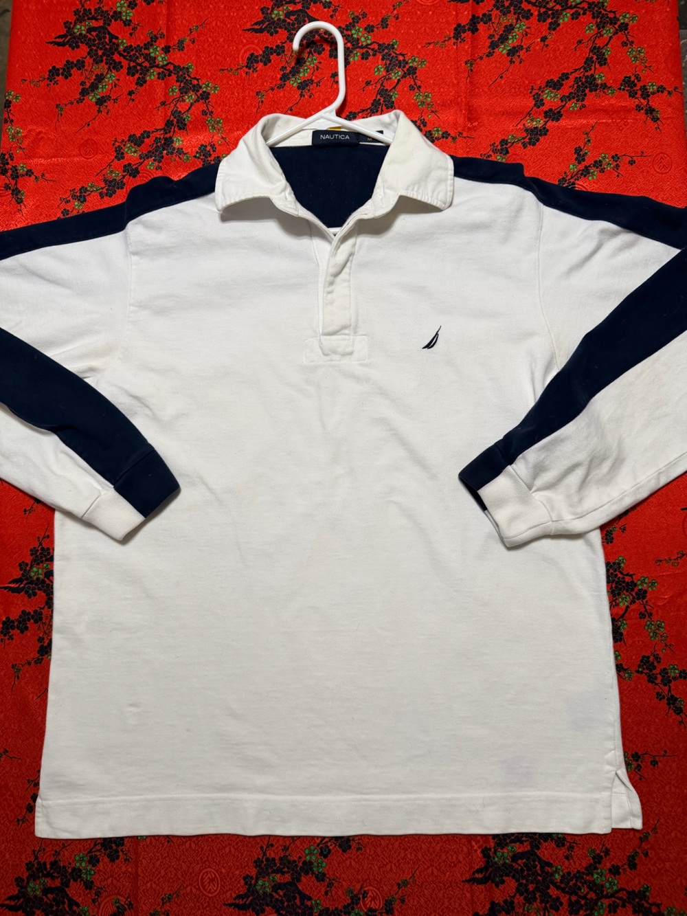 Nautica White Crewneck Rugby Sweater with Navy Accents & Embroidered Back